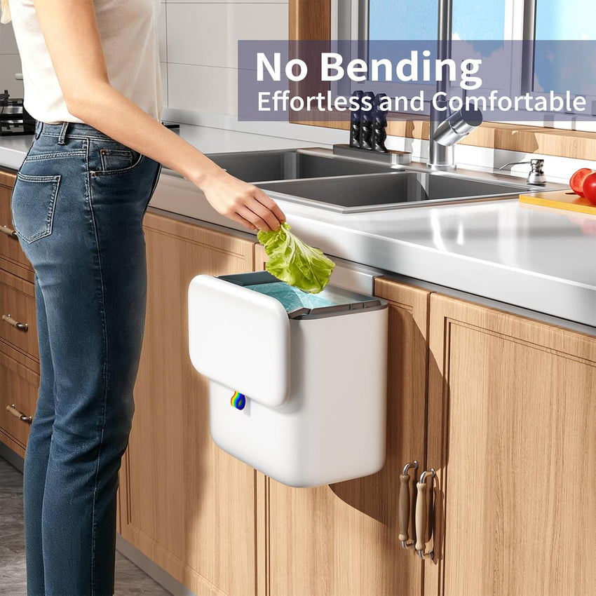 Kitchen Compost Bin with Lid - Hanging Small Trash Can for Countertop or Under Sink, 2.6 Gallon Wall Mounted Garbage Can for Cabinet Door, Indoor Food Waste Bin for Bathroom, RV, Office, White