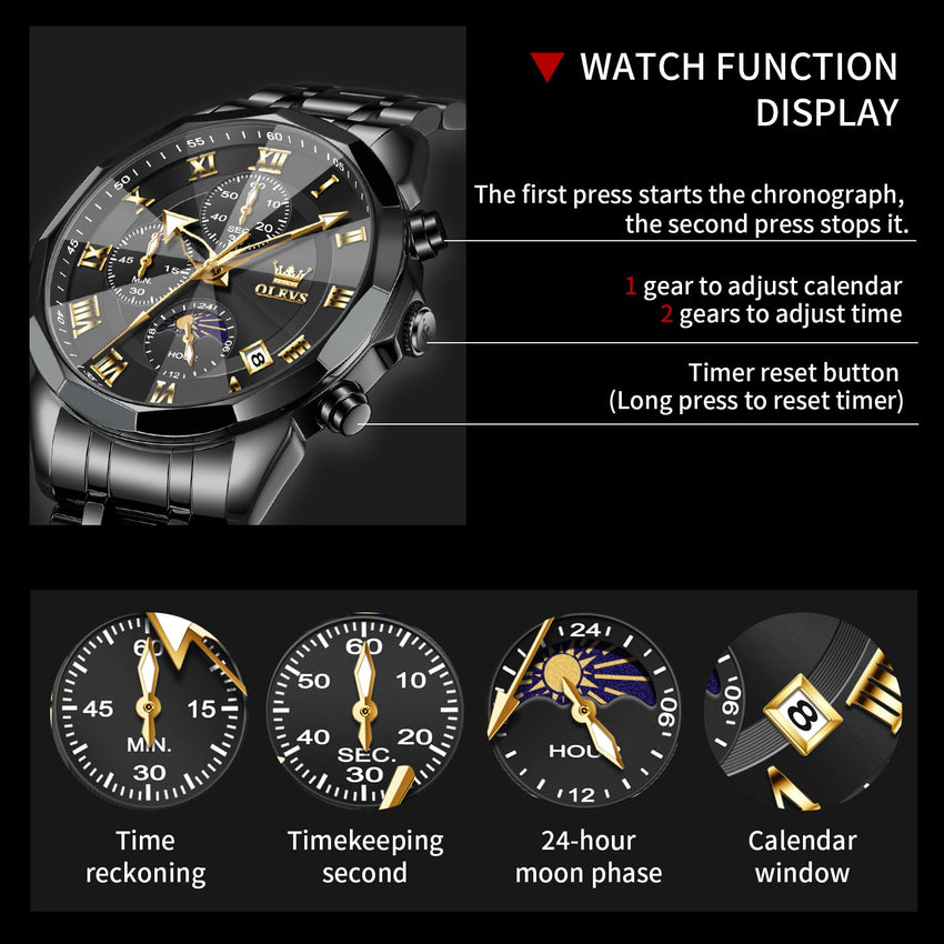 OLEVS Watches Men Luxury Chronograph Moon Phase Waterproof Luminous Watches for Men Analog Quartz Calendar Stainless Steel Strap Wrist Watches-(Black/Blue/Gold/Grey/Silver Face)