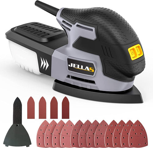JELLAS Electric Detail Sander, 220W Compact Sander Machine for Wood, 13,000 RPM Sanders with Dust Collection, 16PCS Sandpapers, Finger Sanding Attachment and Sanding Pad Included, MS220T