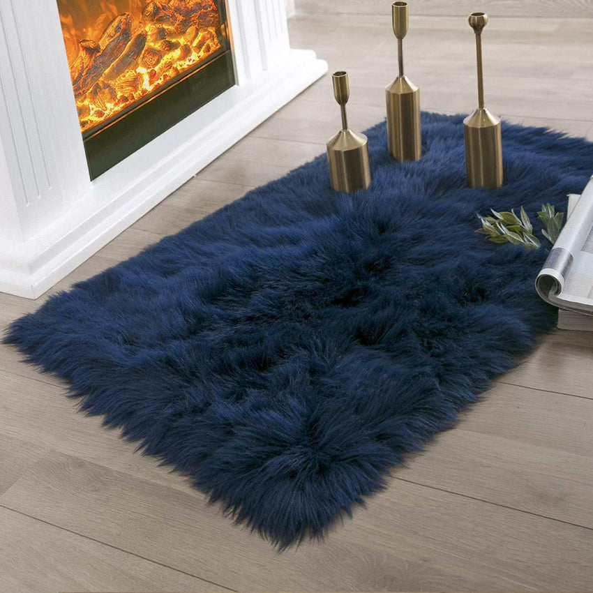 Ashler Faux Fur Rug, Dark Blue Area Rugs, Fluffy Sheepskin Fur Rug, Fuzzy Ultra Soft 2 x 6 Ft Rugs, Machine Washable Shag Rug, Nursery Throw Rugs for Bed, Living, Kids Room