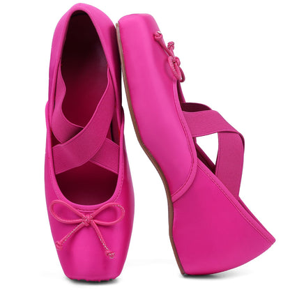 Women's Ballet Flats Square Toe Criss Cross Straps with Bow Low Wedge Shoes