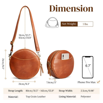 S-ZONE Leather Crossbody Bags for Women Circle Shoulder Round Purse Travel | Top Grain Leather, Keychain, Designer Handbag, Vintage, Multi Pockets, Detachable Strap, Eveyday Outing