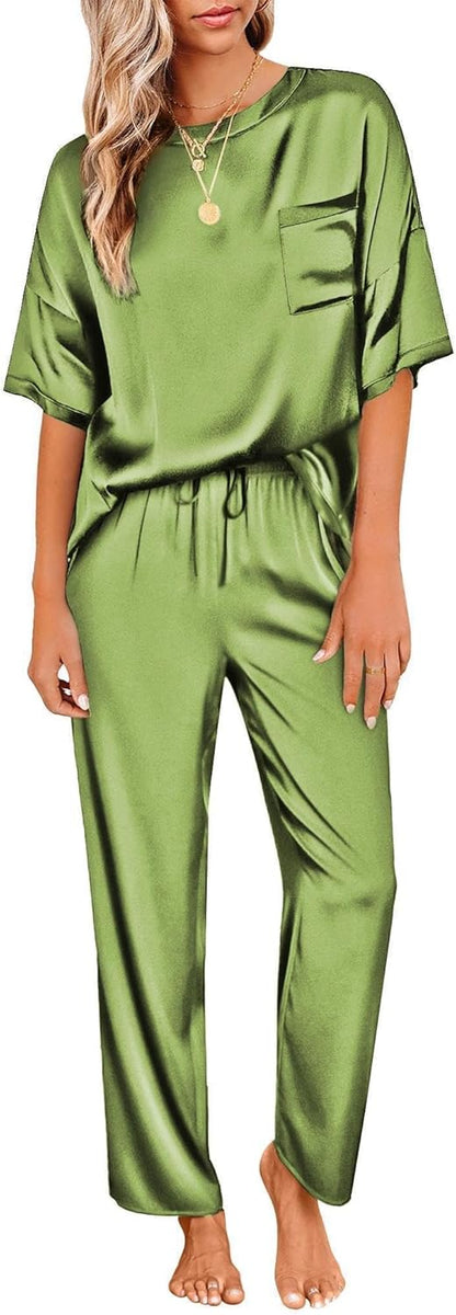 Ekouaer Womens Satin Silky Pajama Set Short Sleeve Shirt with Long Pajama Pant Set Soft PJ Loungewear