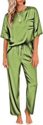 Ekouaer Womens Satin Silky Pajama Set Short Sleeve Shirt with Long Pajama Pant Set Soft PJ Loungewear