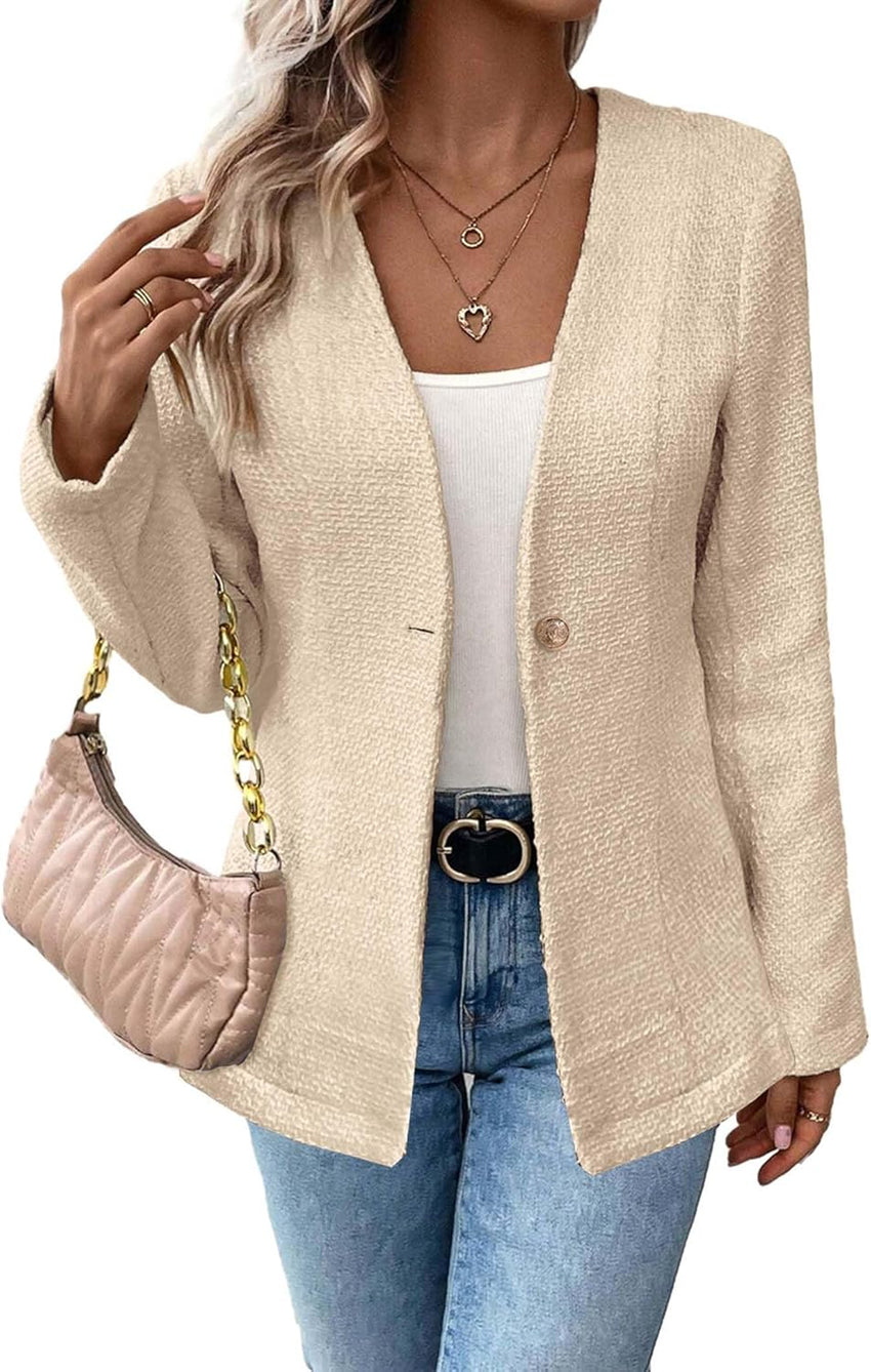 Mina Self Long Tweed Blazer Jacket for Women 2024 Fall Winter Warm Cardigan Open Front Slim Fitted Fashion Casual Work Suit