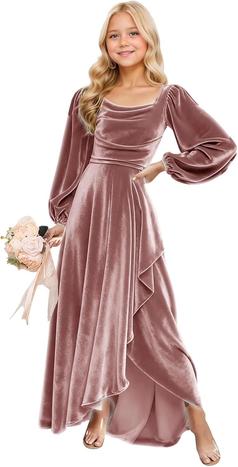 Long Sleeve Junior Bridesmaid Dresses Velvet Flower Girl Dress for Wedding Party Pageant Gown with Ruffle