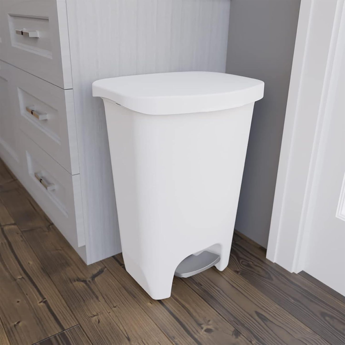 Glad 2 Pack 13 Gal Trash Can | Plastic Kitchen Waste Bin with Odor Protection of Lid | Hands Free with Step On Foot Pedal and Garbage Bag Rings, White