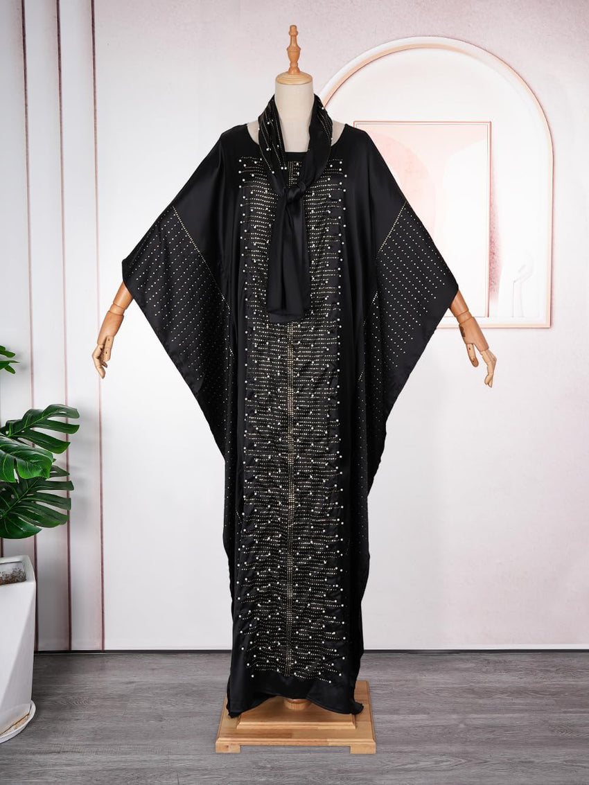 HD African Dresses for Women Fashion Beading Rhinestone Kaftan Maxi Dress