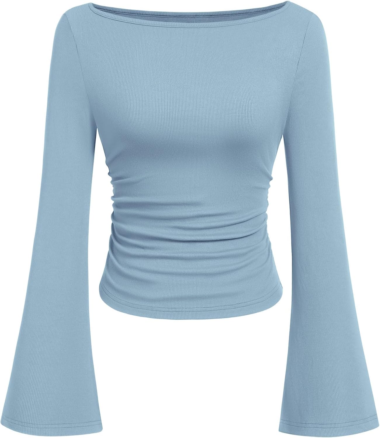 7DAY'S Women's Long Sleeve Shirts 2025 Fall Crop Going Out Tops Casual Boat Neck Bell Sleeve Ribbed Ruched Y2K Clothes