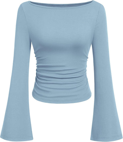 7DAY'S Women's Long Sleeve Shirts 2025 Fall Crop Going Out Tops Casual Boat Neck Bell Sleeve Ribbed Ruched Y2K Clothes