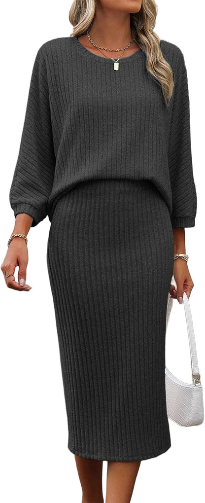 HBQ Women's 2 Piece Sweater Skirt Sets Ribbed Knit Loose Lantern Sleeve Top Midi Skirt Outfit Casual Loungewear Sets
