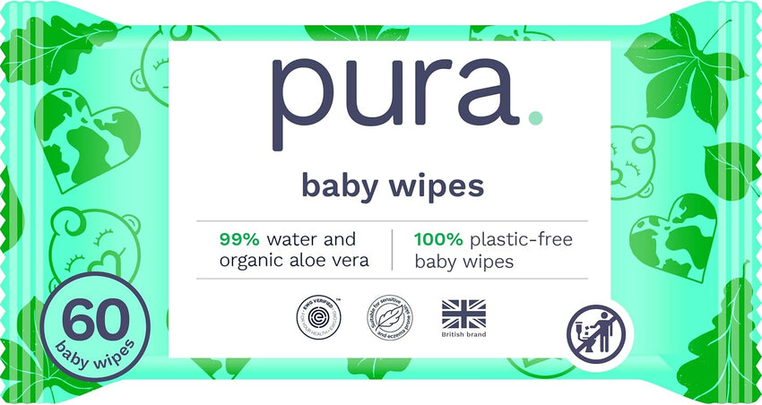 Pura Natural Sensitive Baby Wipes, 99% Water, Unscented & Hypoallergenic, Suitable for Sensitive & Eczema-prone Skin, Hypoallergenic, EWG Verified, 10 Pack of 60 Wet Wipes (600 Diaper Wipes) Bulk Buy