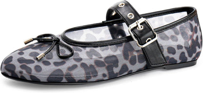Gothictor Women's Mesh Ballet Flats Round Toe Leopard Mary Jane Shoes Women | Cushioned Comfort, Easy to Style, Buckle Strap, Cheetah Print, Ballerina, Breathable, Lightweight, Dressy Casual, Non-Slip