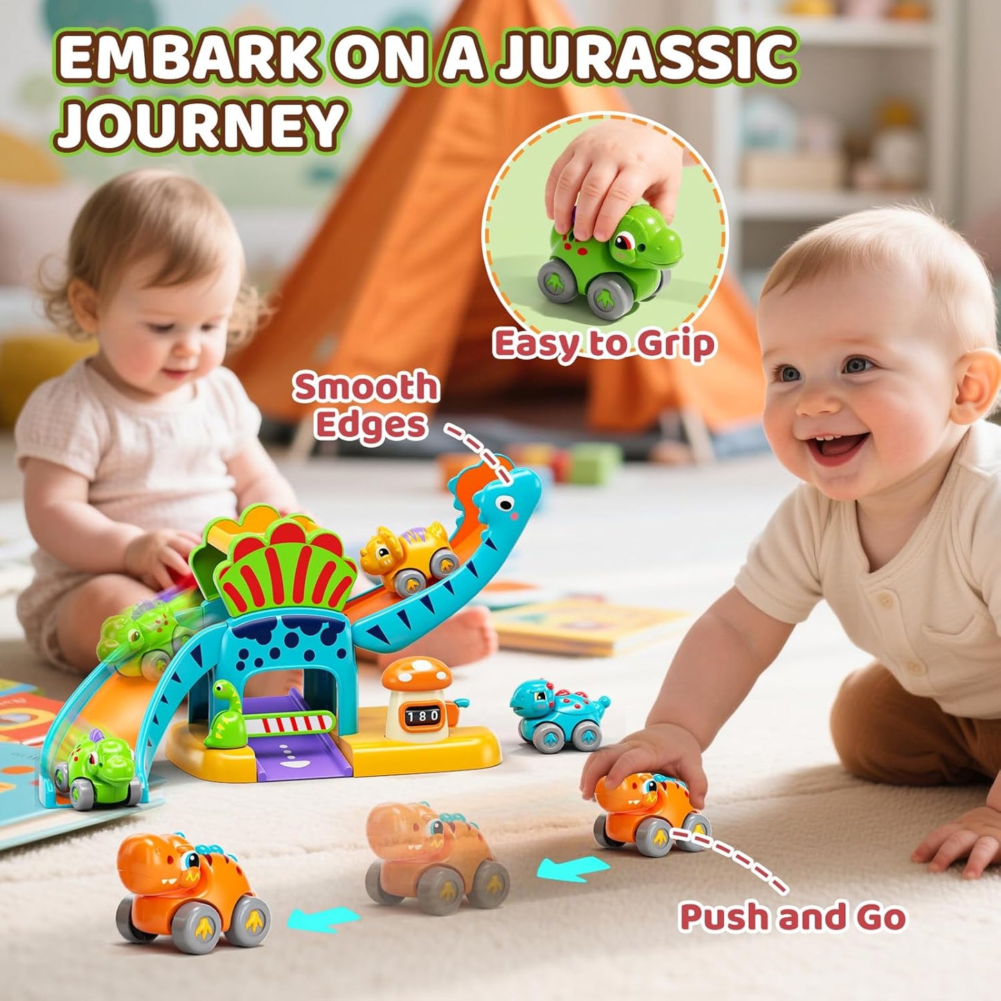 Lehoo Castle Toys for 1 Year Old Boys, Dinosaur Slide with 4 Mini Push Cars for Baby 12-18 Months, Infant Play Vehicle Set, Educational Learning First 1st Birthday Gifts for Kids, Girls, Toddlers 1-3