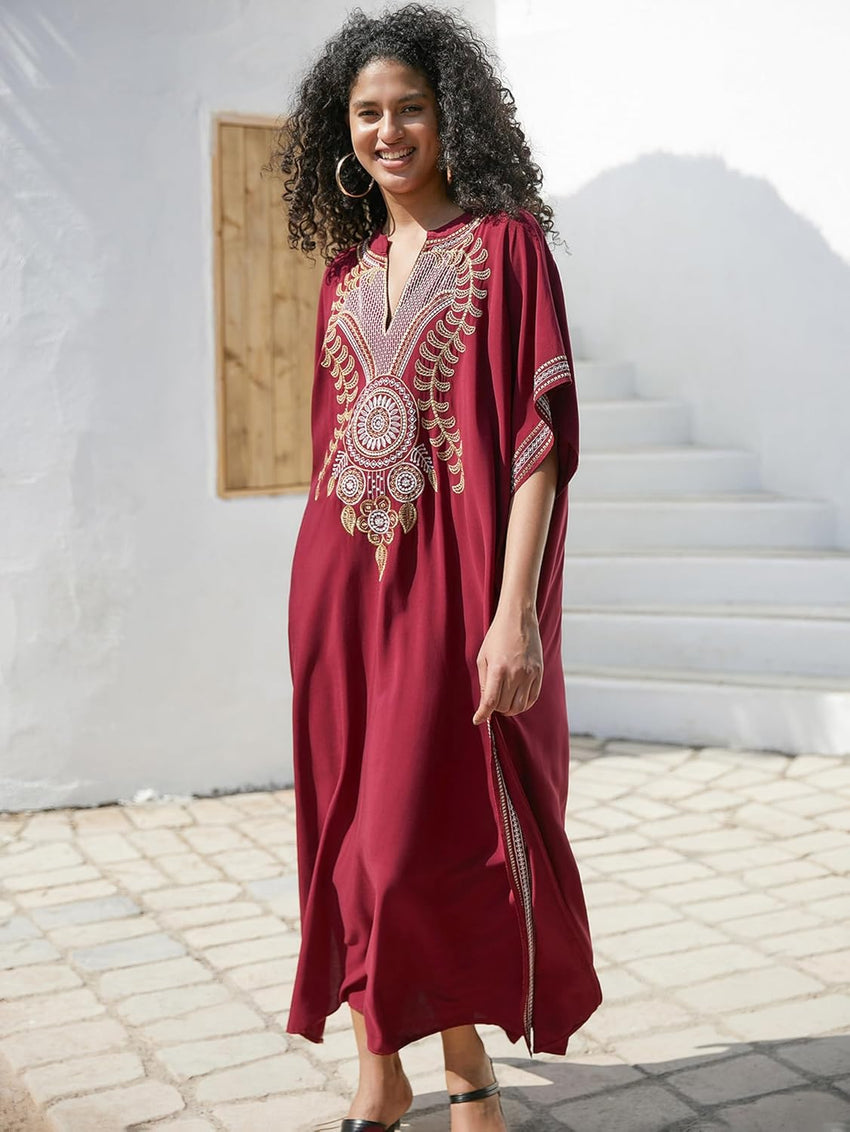 Women Embroidery Loose Kaftan Casual Beach Bathing Suit Cover Up Long Caftans Maxi Dress