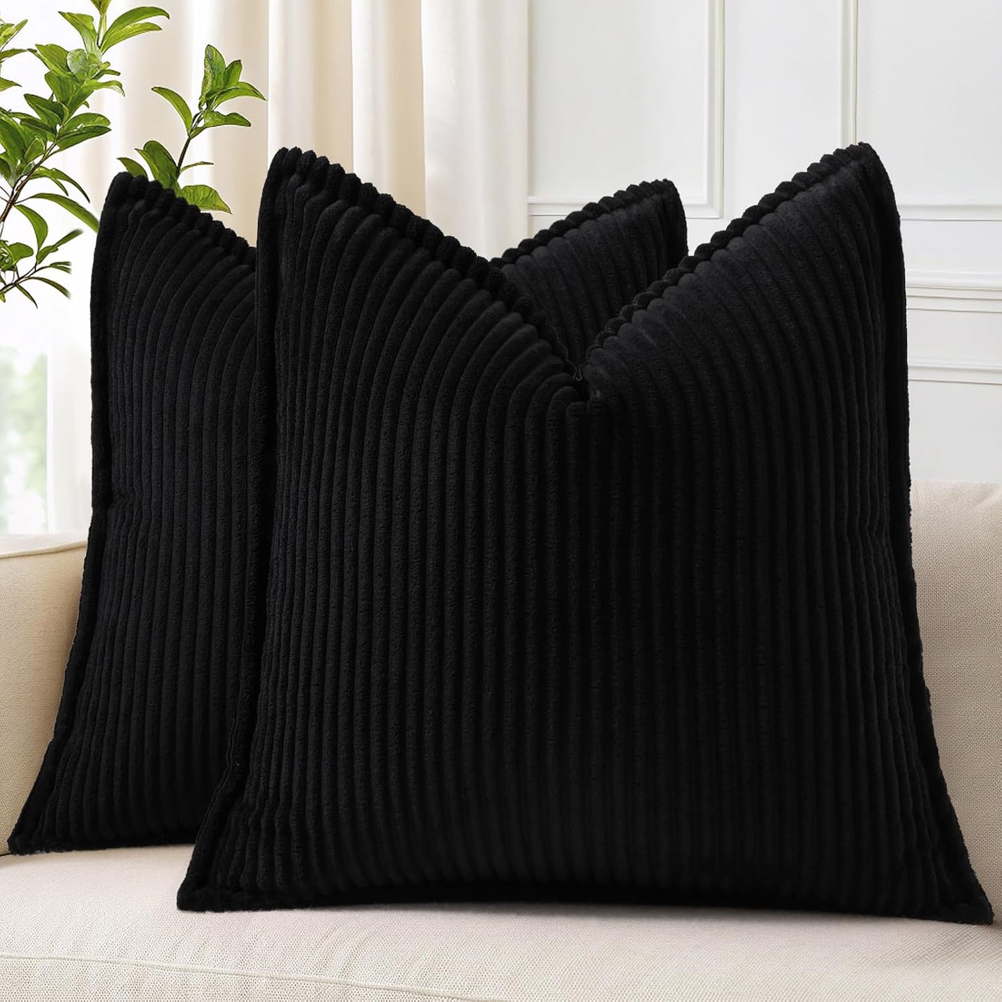 decorUhome Christmas Corduroy Cream White Throw Pillow Covers 18x18 Set of 2 Decorative Soft Boho Farmhouse Euro Couch Pillow Covers for Living Room Bed Sofa Broadside Striped Pillow Cases