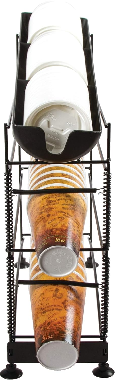 San Jamar Wireworks Cup and Lid Dispenser Fits 8 - 44 Oz. Cups, 3 Tiers with Suction Cup Feet for Restaurants, Fast Food, And Kitchens, Plastic, 8.25 X 20.5 X 22.5 Inches, Black