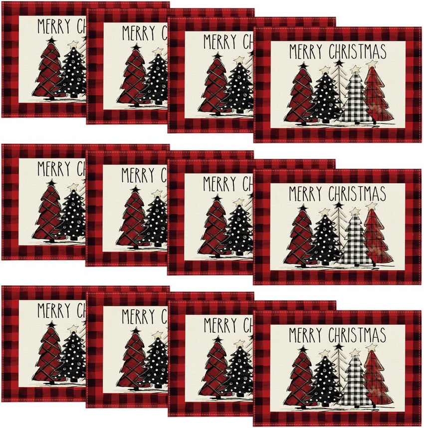Artoid Mode Waterclor Buffalo Plaid Christmas Trees Placemats Set of 4, 12x18 Inch Winter Table Mats for Outdoor Home Party Kitchen Dining Decor