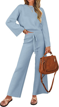 ZESICA Women's 2 Piece Outfits Set 2025 Casual Long Sleeve Knit Pullover Top and Wide Leg Pants Sweatsuit Lounge Sets
