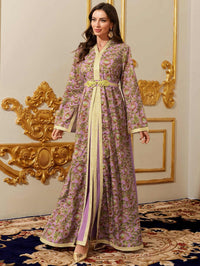 Abaya for Women Floral Embroidered Muslim Dress V-Neck Arabian Maxi Robe