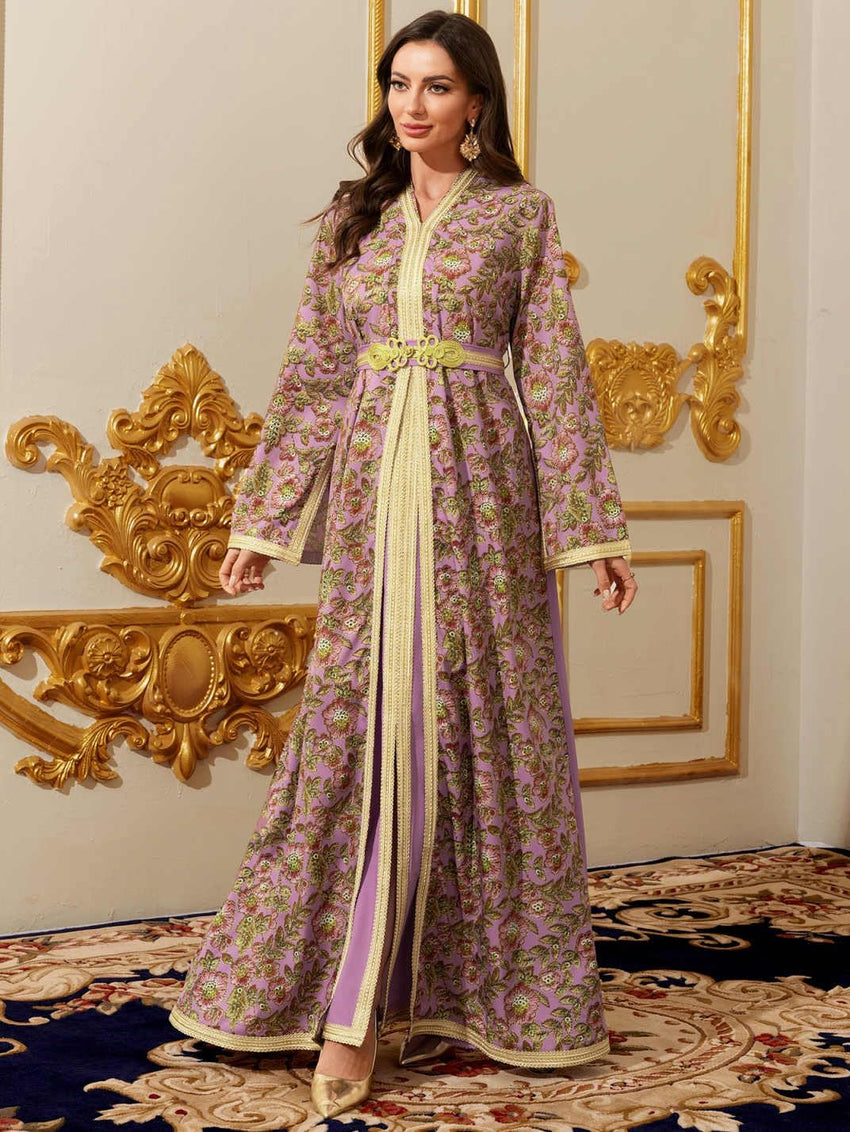 Abaya for Women Floral Embroidered Muslim Dress V-Neck Arabian Maxi Robe