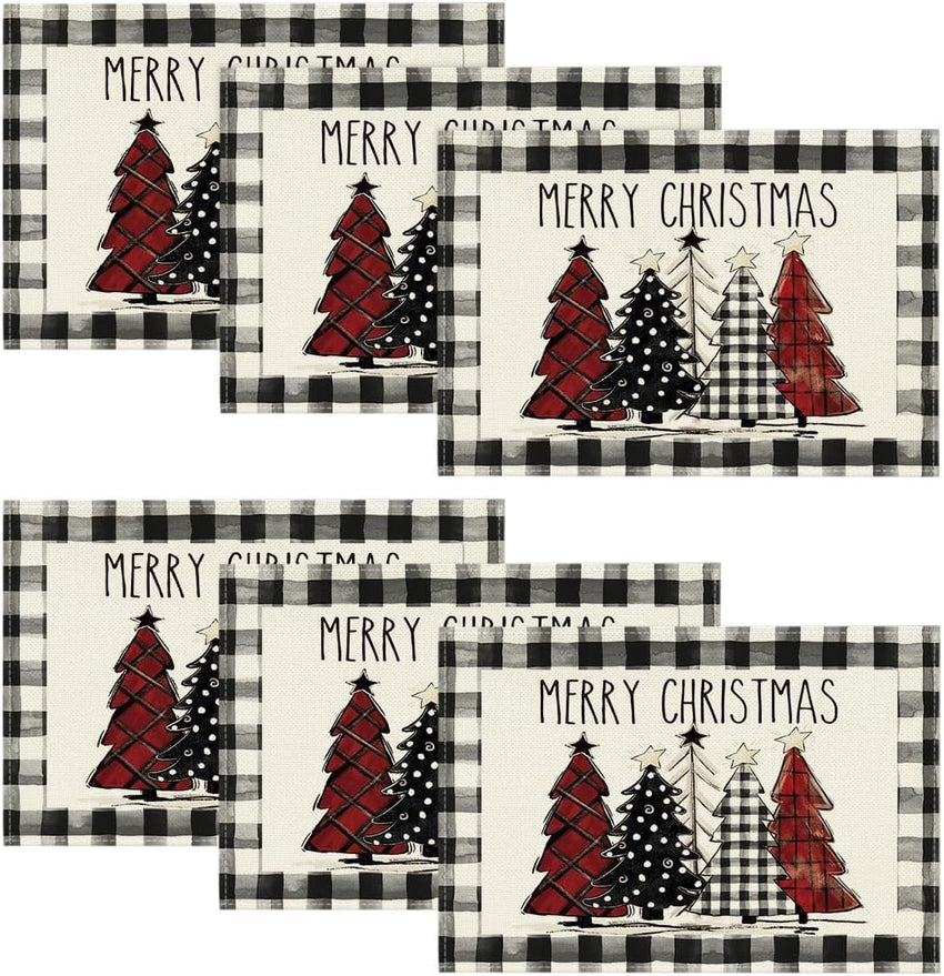 Artoid Mode Waterclor Buffalo Plaid Christmas Trees Placemats Set of 4, 12x18 Inch Winter Table Mats for Outdoor Home Party Kitchen Dining Decor