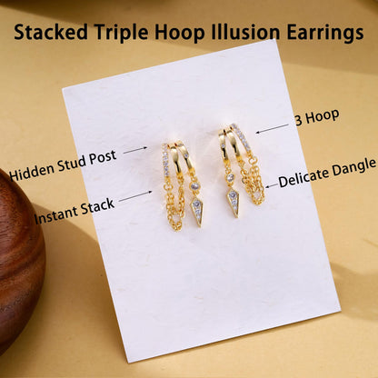 Gold Dangle Earrings for Women, 14k Gold Plated Stacked Triple Hoop Illusion Earrings Cubic Zirconia Huggie Earrings for Women Trendy