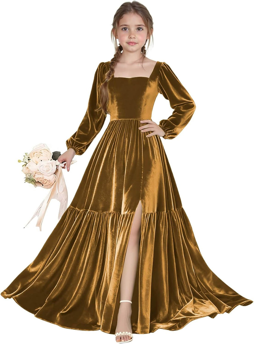 Long Sleeve Velvet Junior Bridesmaid Dresses Girls Holiday Dresses with Slit Christmas Maxi Dress Formal Party Gown