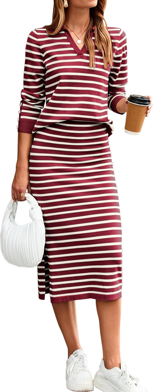 Glamaker Womens 2 Piece Skirt Sets Striped Sweater Dress Casual Polo Neck Knit Long Sleeve Midi Dresses Fall Fashion Outfits