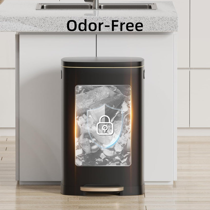 KUK 13 Gallon Kitchen Trash Can with Lid, 50L/13Gal Office Step Garbage Can for Home, Kitchen, Laundry Room, Office, Brushed Stainless Steel, Black