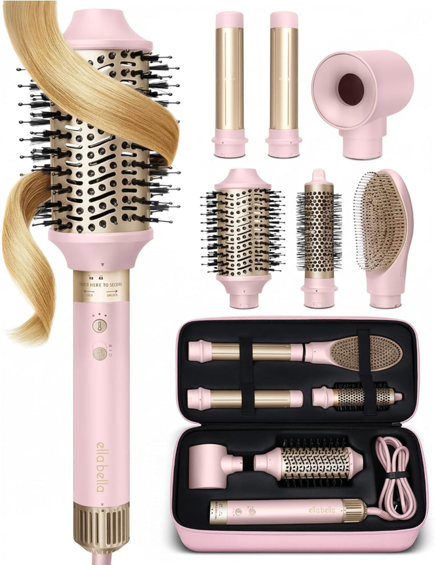 ELLA BELLA® 6 in 1 Professional Hot Air Styler • Powerful Hair Dryer & Straightener Set • Styling Without Heat Damage • Fast Drying Curling Volumizing Straightening • Includes Protective Travel Case