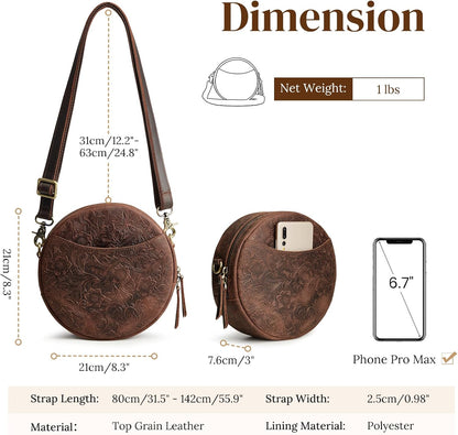 S-ZONE Leather Crossbody Bags for Women Circle Shoulder Round Purse Travel | Top Grain Leather, Keychain, Designer Handbag, Vintage, Multi Pockets, Detachable Strap, Eveyday Outing