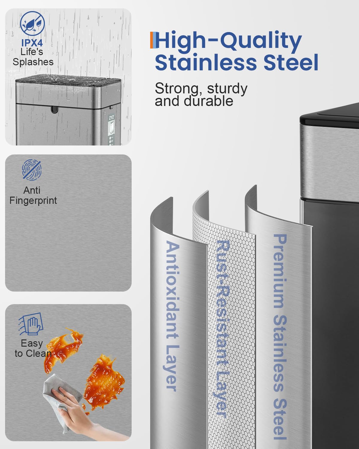 zyz Kitchen Trash Can 10.6 Gallon / 40 Liter, Garbage Cans with Butterfly Lid, Automatic Sensor Trash Bin, USB Type C 1500mAh Battery, Stainless Steel, Touchless and Soft Close, Restaurants Garages