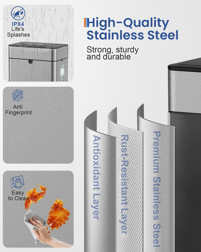 zyz Kitchen Trash Can 10.6 Gallon / 40 Liter, Garbage Cans with Butterfly Lid, Automatic Sensor Trash Bin, USB Type C 1500mAh Battery, Stainless Steel, Touchless and Soft Close, Restaurants Garages
