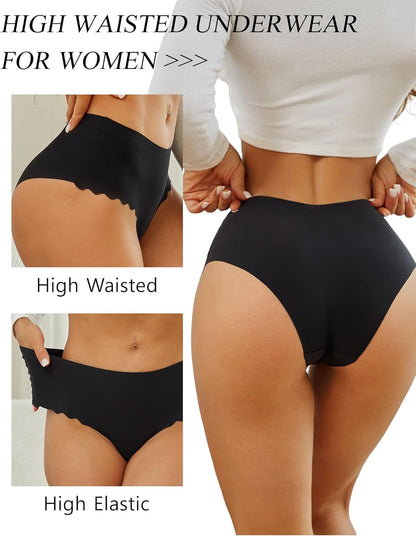 Sth Big High Waisted Seamless Underwear for Women No Show Panties Cheeky Scalloped Edge Bikini Breathable Briefs 6 Pack