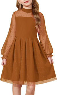 Arshiner Girls Dresses Contrast Mesh Puff Long Sleeve Mock Neck Formal Party A Line Short Tulle Dress