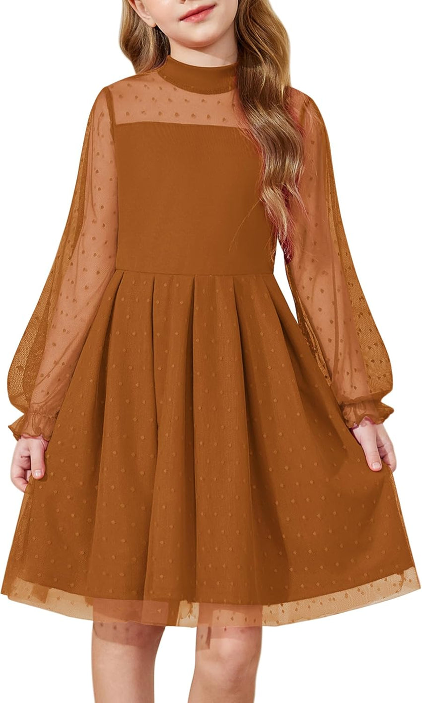 Arshiner Girls Dresses Contrast Mesh Puff Long Sleeve Mock Neck Formal Party A Line Short Tulle Dress