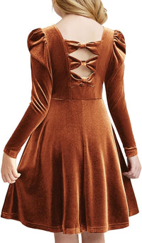 Arshiner Girls Long Sleeve Dress Velvet Crew Neck Bow Back Holiday Party Dresses with Pockets