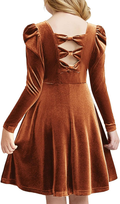 Arshiner Girls Long Sleeve Dress Velvet Crew Neck Bow Back Holiday Party Dresses with Pockets