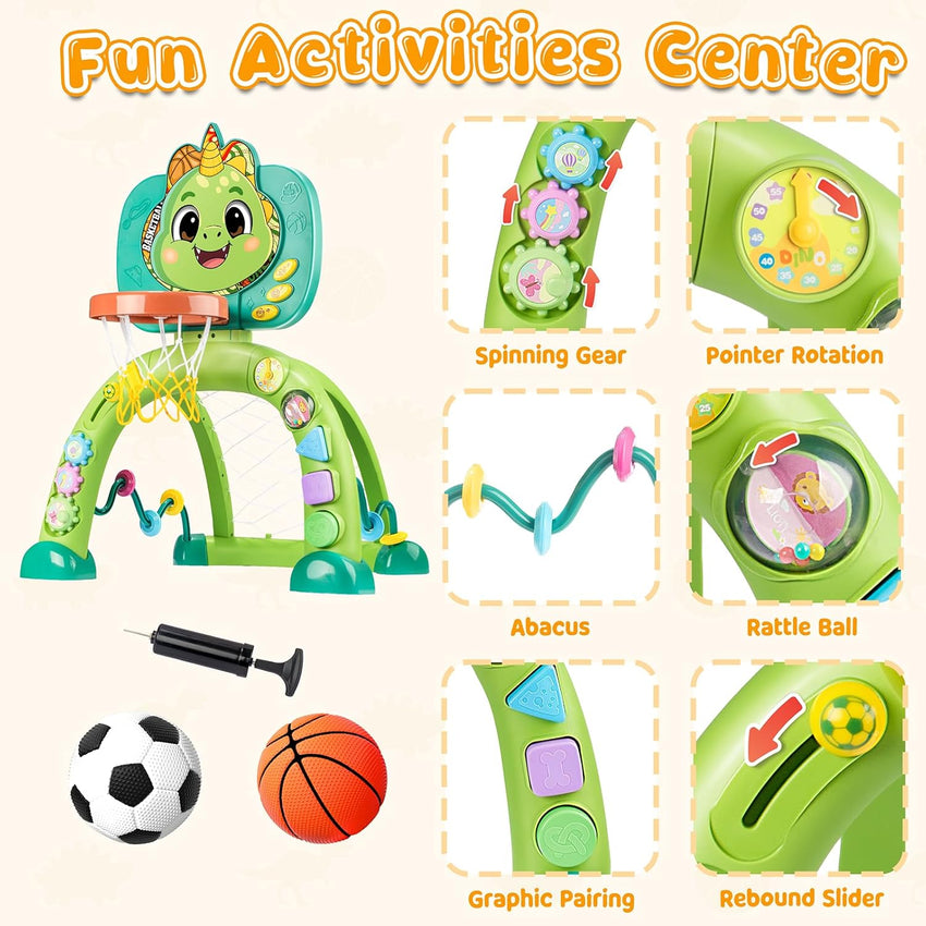 Toddler Basketball Hoop & Soccer Goal, Dinosaur Sports Play Toy Activity Center, Interactive Musical Sports Toys with Light, Christmas Birthday Gift for Boys Girls Age 1-3