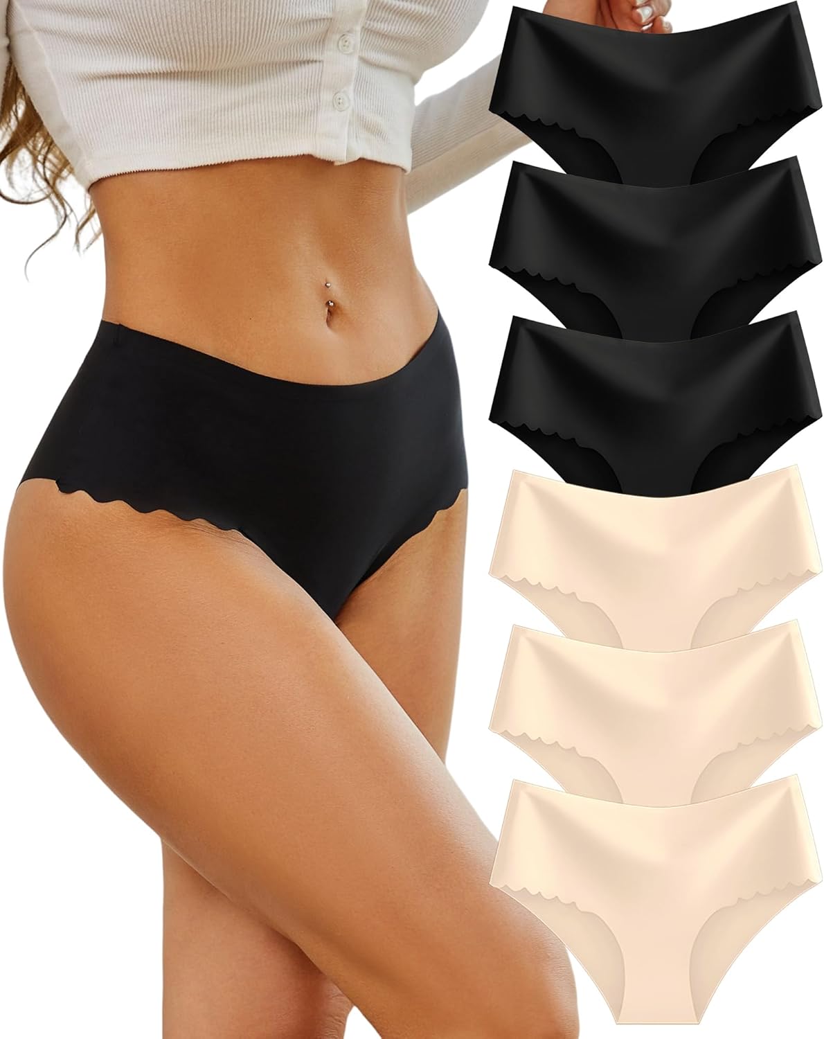 Sth Big High Waisted Seamless Underwear for Women No Show Panties Cheeky Scalloped Edge Bikini Breathable Briefs 6 Pack