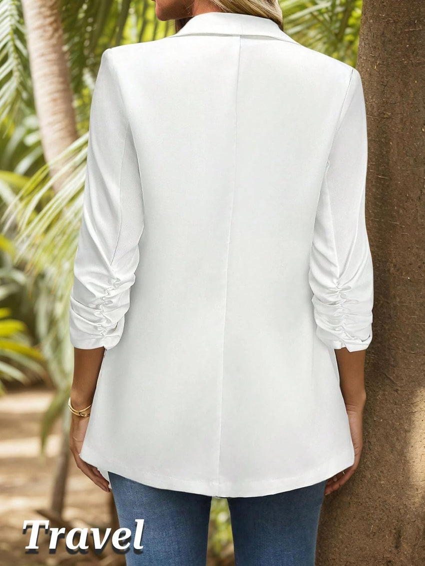 Mina Self Women's 3/4 Sleeve Blazers Ruched 2025 Fall Shawl Collar Open Front Casual Trendy Work Office Jackets Pockets