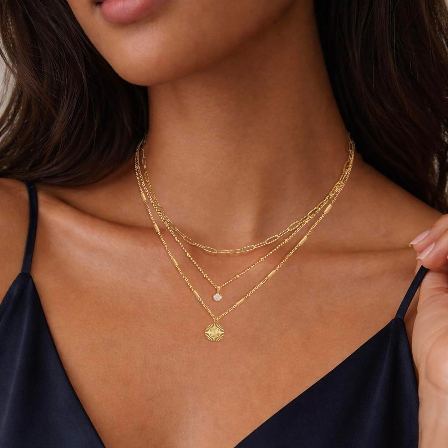 Layered Necklaces for Women, Dainty 14K Gold Plated Circle Peadant Chain Necklace Set Simple Paperclip Stacked Necklaces for Women Trendy Gold Jewelry