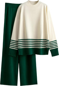 Women's 2 Piece Outfits Sweatsuit Knit Striped Pullover Top Wide Leg Pants Tracksuit Lounge Sets
