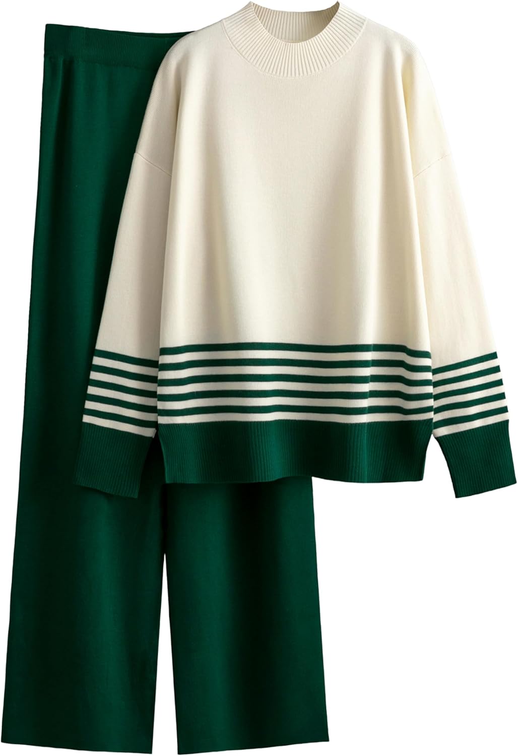 Women's 2 Piece Outfits Sweatsuit Knit Striped Pullover Top Wide Leg Pants Tracksuit Lounge Sets