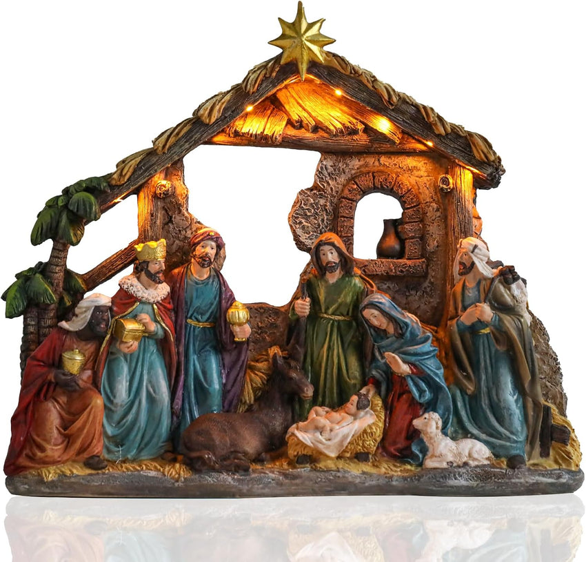 Yinns 9.8 Inch Christmas Nativity Sets, Light Up Nativity Scene Indoor, Manger Nativity Scene Figures Set Holy Family Christmas Tabletop Decotation