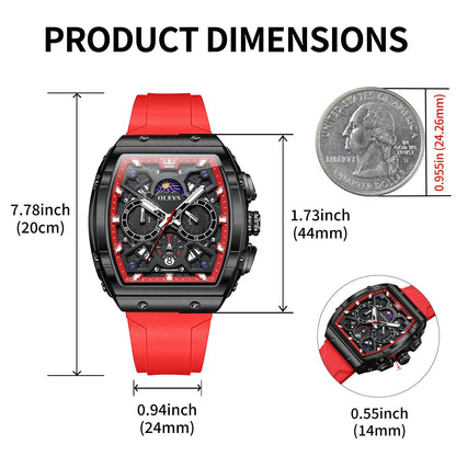 OLEVS Watches Men Chronograph Waterproof Rectangle Face Moon Phase Watches for Men Luminous Quartz Calendar Mens Wrist Watch - Silicon Strap