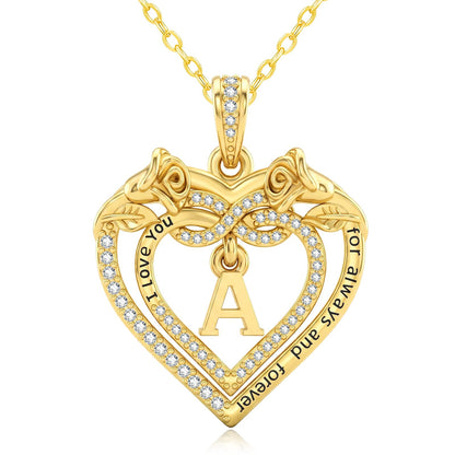 Uncle LOL Jewelry — 14K Gold Initial Letter Rose Heart Pendant Necklace for Women, Anniversary Birthday Jewelry Gifts for Wife Mom Grandma Sister Daughter, I Love You for Always And Forever