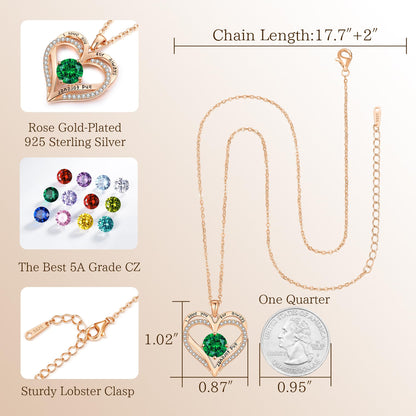 Personalized Double Heart Birthstone Necklace for Women – Sterling Silver Gift