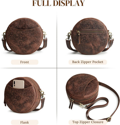 S-ZONE Leather Crossbody Bags for Women Circle Shoulder Round Purse Travel | Top Grain Leather, Keychain, Designer Handbag, Vintage, Multi Pockets, Detachable Strap, Eveyday Outing
